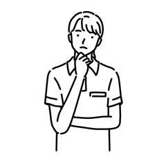 考えるポーズをする女性ヘルパー　線画