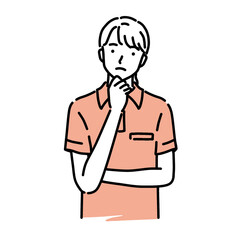 Fototapeta premium 考えるポーズをする女性ヘルパー 一色