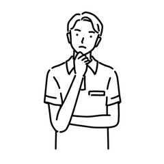 考えるポーズをする男性ヘルパー　線画