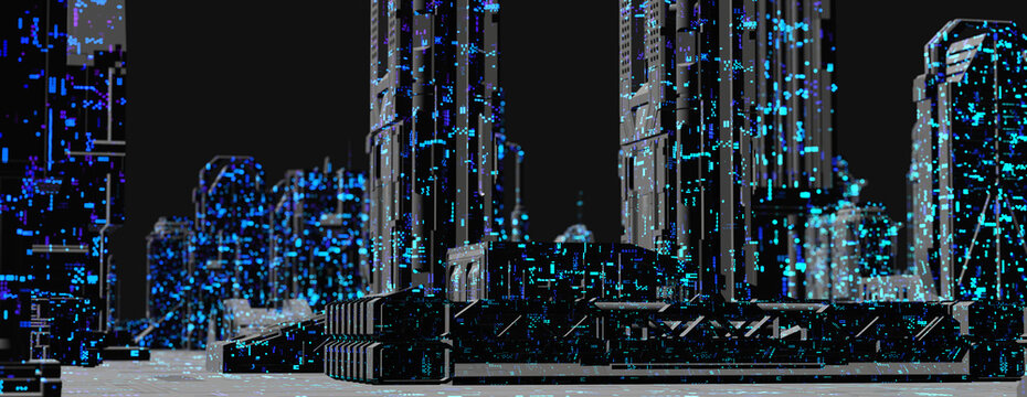 Future city or cyber cityscape. Ultra modern or Futuristic looking city or metropolis buildings in black illustration style. 3D rendering
