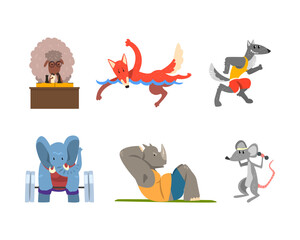 Wild Animal Characters Doing Sport Playing Chess, Swimming, Running, Doing Abdominal Crunches, Lifting Barbell and Dumbbells Vector Set