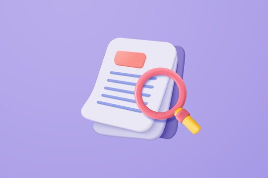3d media file management concept. Searching image and video files in database. Document management soft, document flow app, compound docs concept. 3d magnifying icon vector rendering illustration