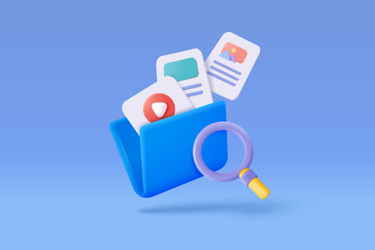 3d media file management concept. Searching image and video files in database. Document management soft, document flow app, compound docs concept. 3d magnifying icon vector rendering illustration