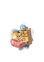 Fototapeta premium Cute hand drawn illustration of cat and mouse, watercolour style