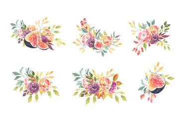 Watercolor fig,pumpkin flora bouquet illustration. Festive boho autumn arrangement, fall frame, wreath.Thanksgiving,harvest colorful vegetable, tropical fruit for fall wedding stationery,greeting card