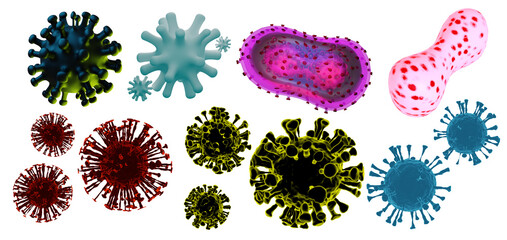 Overview of viruses and bacteria. Virus in different colors. Corona viruses isolated on white. Collection infection icons and badges. Set bacteria for design. Virology, pandemic, epidemic. 3d image