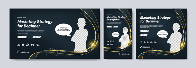 Set luxury webinar banner event.Black gold wave with glitter. Gradient mesh background vector illustration