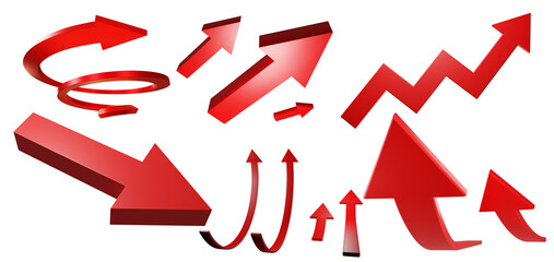 Red arrows set. Curved red pointers. Collection of volumetric arrows. Red arrows for infographics or website. Pointers isolated on white. Set of cursor pointing in different directions. 3d rendering.