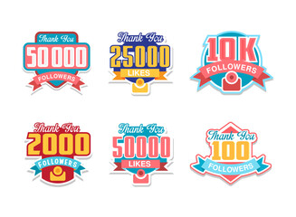 Naklejka premium Likes and Followers Badges with Thank You Words as Celebration for Social Media Fans or Subscribers Vector Set