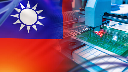 Microprocessor manufacturing in Taiwan. PCB chip. Microelectronics production equipment. Taipei microelectronics market. Taiwan PCB factory. Microelectronics manufacturing in Taiwan. 3d rendering.