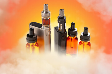 Electronic cigarette. Vape pens with refill liquids. Concept of selling liquids for electronic...