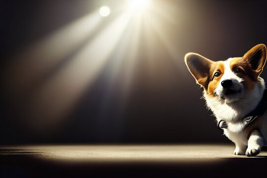 Portrait Of A Happy Corgi In A Stage With Background Lights. 3D Rendering