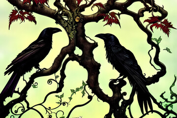 Illustration of crows on a tree art.Digital art painting background design