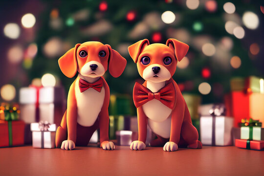 Very cute and adorable dogs wearing a bow tie with gift boxes with decoration background . 3D rendering