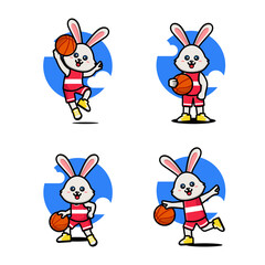 Obraz na płótnie Canvas Set of happy cute rabbit playing basketball