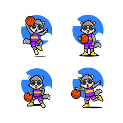 set of happy cute raccoon playing basketball