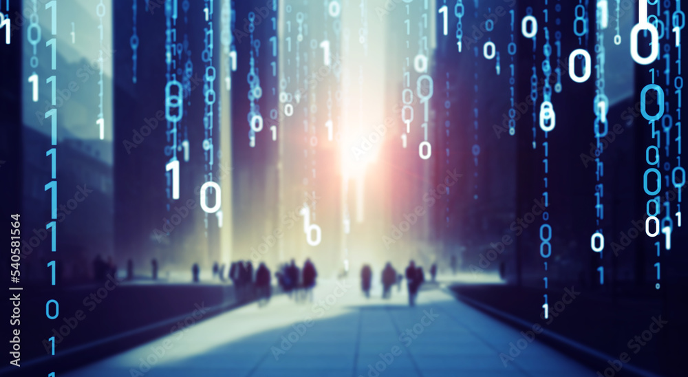 Aufkleber Group of people walking in futuristic street and Digital data concept. Digital transformation. Communication network.
