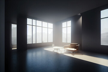 Minimal interior design, volumetric lighting. 3D illustration