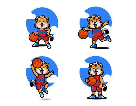 Set of happy cute tiger playing basketball