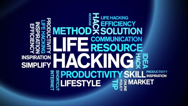 Life Hacking animated tag word cloud;text design animation kinetic typography seamless loop.