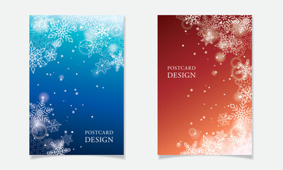 雪の結晶を散りばめたポストカードデザインE【ブルーとレッドのグラデーション】