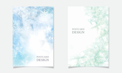 雪の結晶を散りばめたポストカードデザインF【ブルーとグリーンの水彩塗】