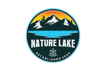 Mountain logo design outdoor river lake illustration with cabin icon symbol