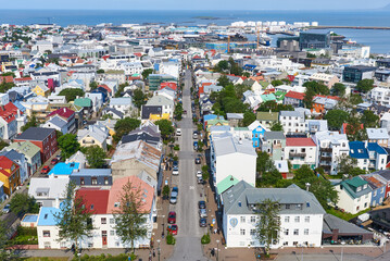Looking down Skolavoroustigur at the city and the port of Reykjavik, Iceland.