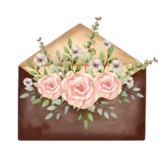 Pink roses accessories on brown envelope watercolor