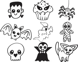 Big set of silhouettes of Halloween on a white background. Vector illustration.