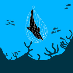 Vector silhouette of a dolphin caught in a fishing net. Do not catch dolphins with nets, animals are protected. Blue sea background. © Agussetiawan99
