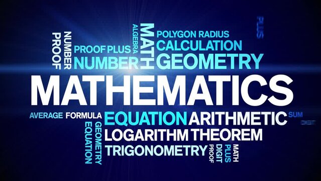 Mathematics animated tag word cloud;text design animation kinetic typography seamless loop.