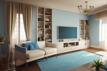 Living room interior in classic Mediterranean style with a beige sofa and two blue armchairs and blue walls, a TV unit and interior decor. 3D rendering.