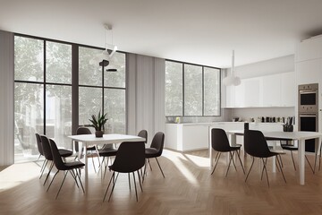 Modern kitchen interior with white walls, a wooden parquet floor and white countertops. A long table with chairs near it. 3d rendering