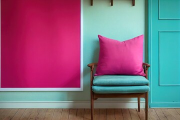 Pink pillow on green armchair next to a rustic cupboard in living room interior with poster