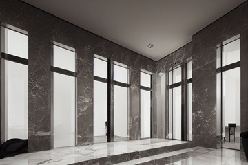 Interior of entrance hall with staircase in luxury privte house. Grey tones. Marble tile. Panorama windows.