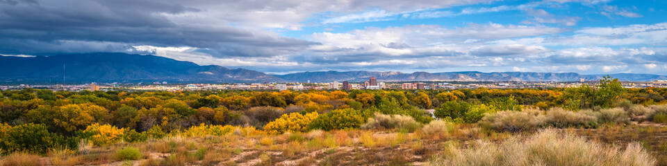 Albuquerque city skyline, autumn foliage of the southwestern cottonwood trees, and dramatic stormy clouds over the Rio Grande River in Albuquerque, New Mexico, USA - obrazy, fototapety, plakaty