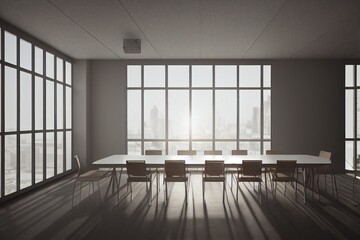 Glass and wooden conference room with a long wooden table with white chairs and panoramic windows. 3d rendering mock up
