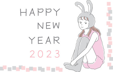 うさぎの着ぐるみを着た女の子の年賀状イラスト