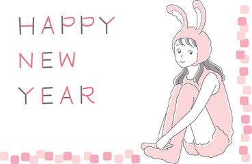 うさぎの着ぐるみを着た女の子の年賀状イラスト
