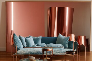 Copper table between armchairs and sofa in blue living room interior with mockup and mirror. Real photo