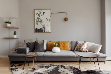 Modern scandinavian home interior of living room with gray sofa, wooden cube, flowers in vase, sculpture, pillows and elegant personal accessories. Stylish home decor. Dog lies on the carpet. Template
