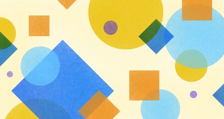 Abstract modern art background style design with circles diamond squares and spots in colorful pink, blue, yellow, orange and purple on light beige or white background