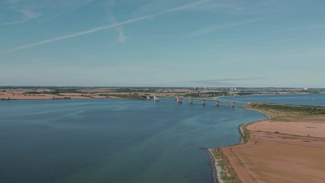 Drone flying over the Baltic sea with the bridge view, Fehmarn island, Germany, aerial