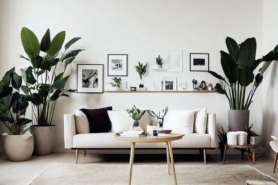 Interior design of living room at scandinavian apartment with stylish commode, tropical plants, books, tea pot and elegant accessories. Modern home decor. Template. Copy space. Beige walls.