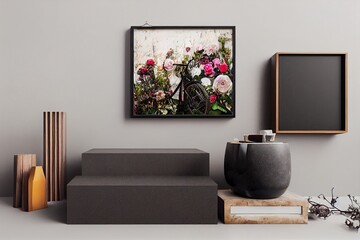 Modern composition of living room interior with black mock up poster frame, wooden cube, flowers in vase, hipster bike and elegant personal accessories. Stylish home decor. Grunge wall. Template.
