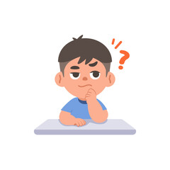 A Asian boy in doubt or have a question on the desk, illustration cartoon character vector design on white background. kid and education concept.