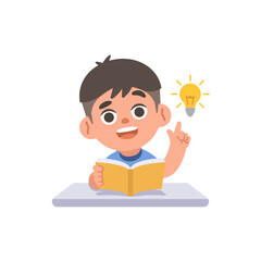 A Asian boy get an idea on the desk with a book and a bulb, illustration cartoon character vector design on white background. kid and education concept.