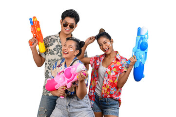 Teenager group have fun with water gun on Songkran Day