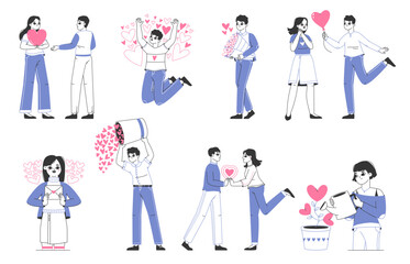 Love sharing, people sharing and giving hearts. Valentines day love massages, men and women giving hearts to each other flat vector illustration set. Characters with hearts collection